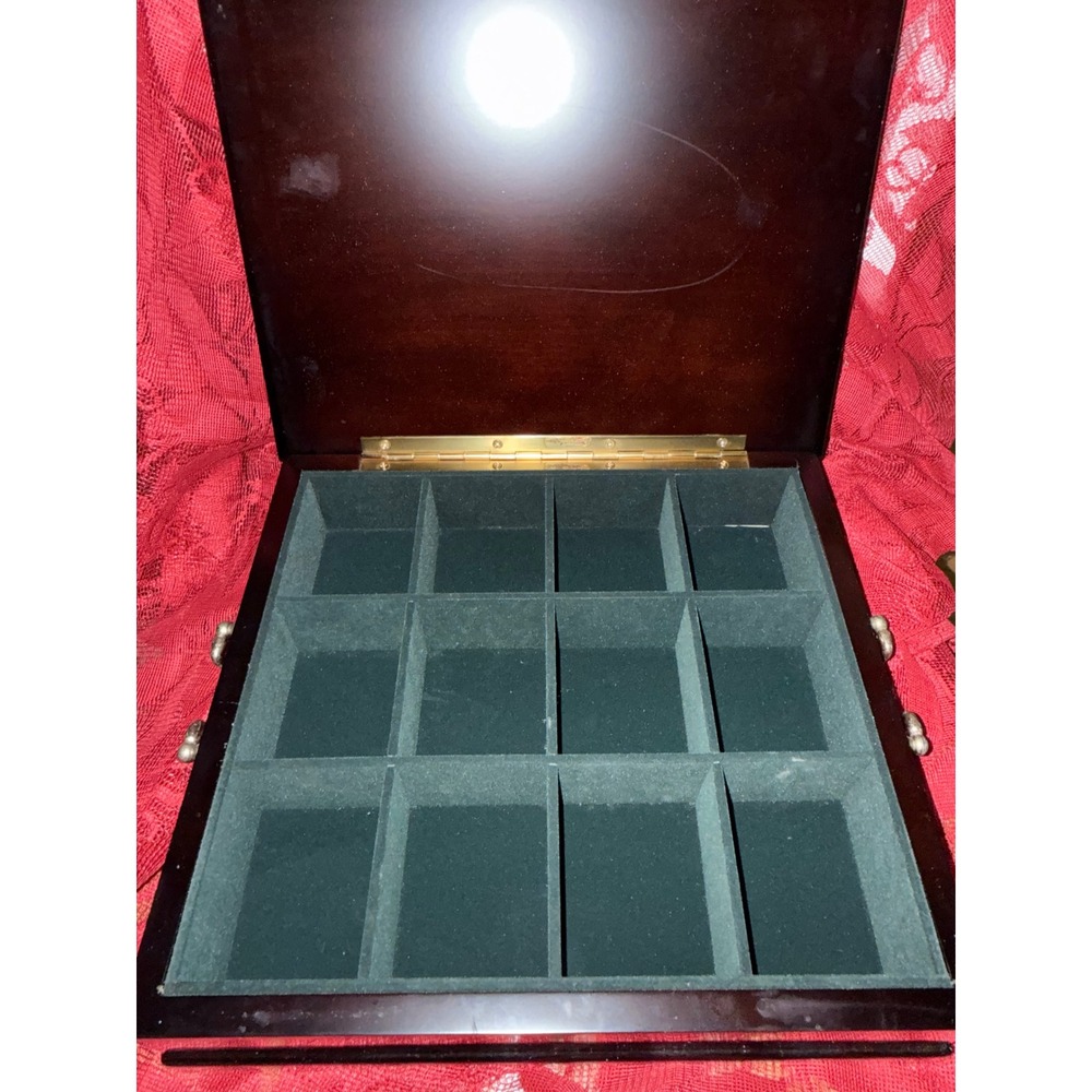 Vintage 1998 Wooden Jewelry Box 12 Compartment Dark Wood Green Felt Lining